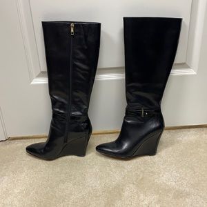 Ann Taylor black leather wedge boot